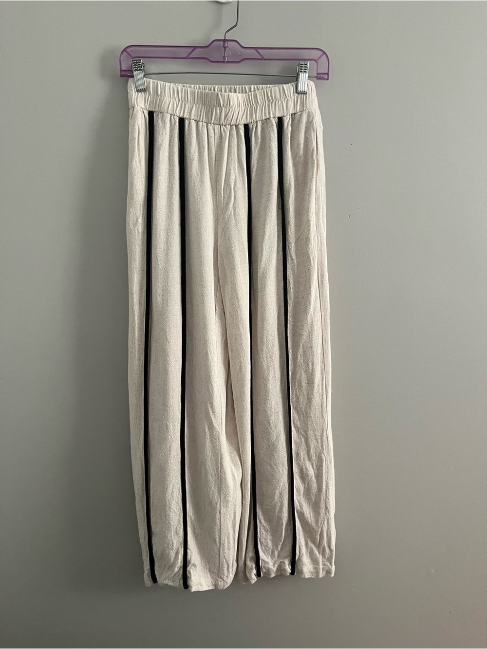 Cream linen blend pants with black stripes